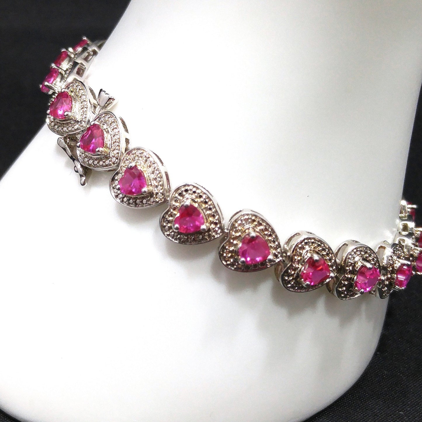 Vintage 925 Silver Ruby Heart Tennis Bracelet Pink Gemstone 7.25” Valentine Gift