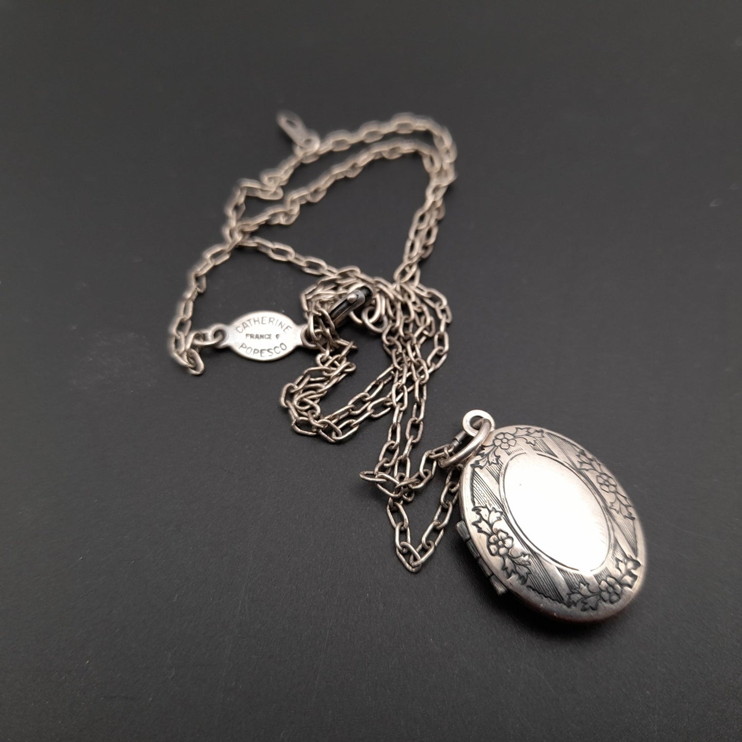 Vintage Catherine Popesco Sterling Silver Plated Locket Oval Necklace, 18"