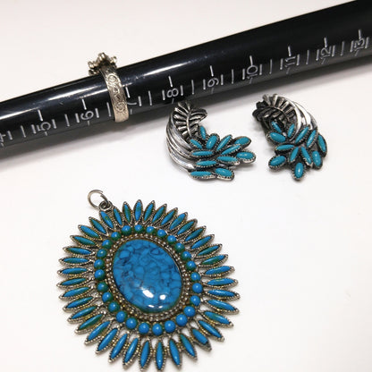 Vintage Southwestern Faux Turquoise Jewelry Set Pendant Ring Earrings 1970s