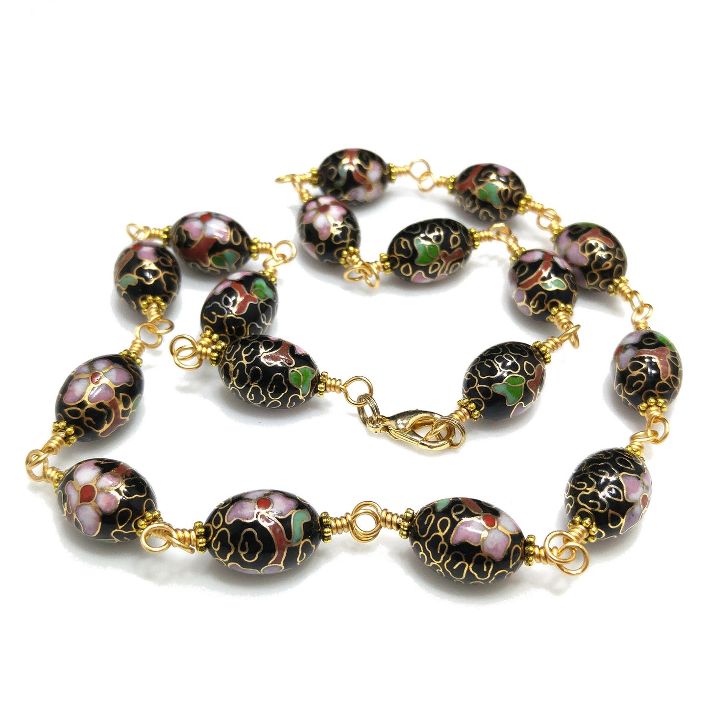 Vintage Cloisonné Beaded Necklace, Hand Wire Wrapped, 1960s Jewelry