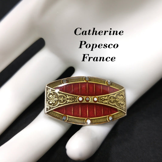 Catherine Popesco Red Enamel Art Deco Brooch, Rhinestones Under Enamel, France, 1980s Vintage Jewelry