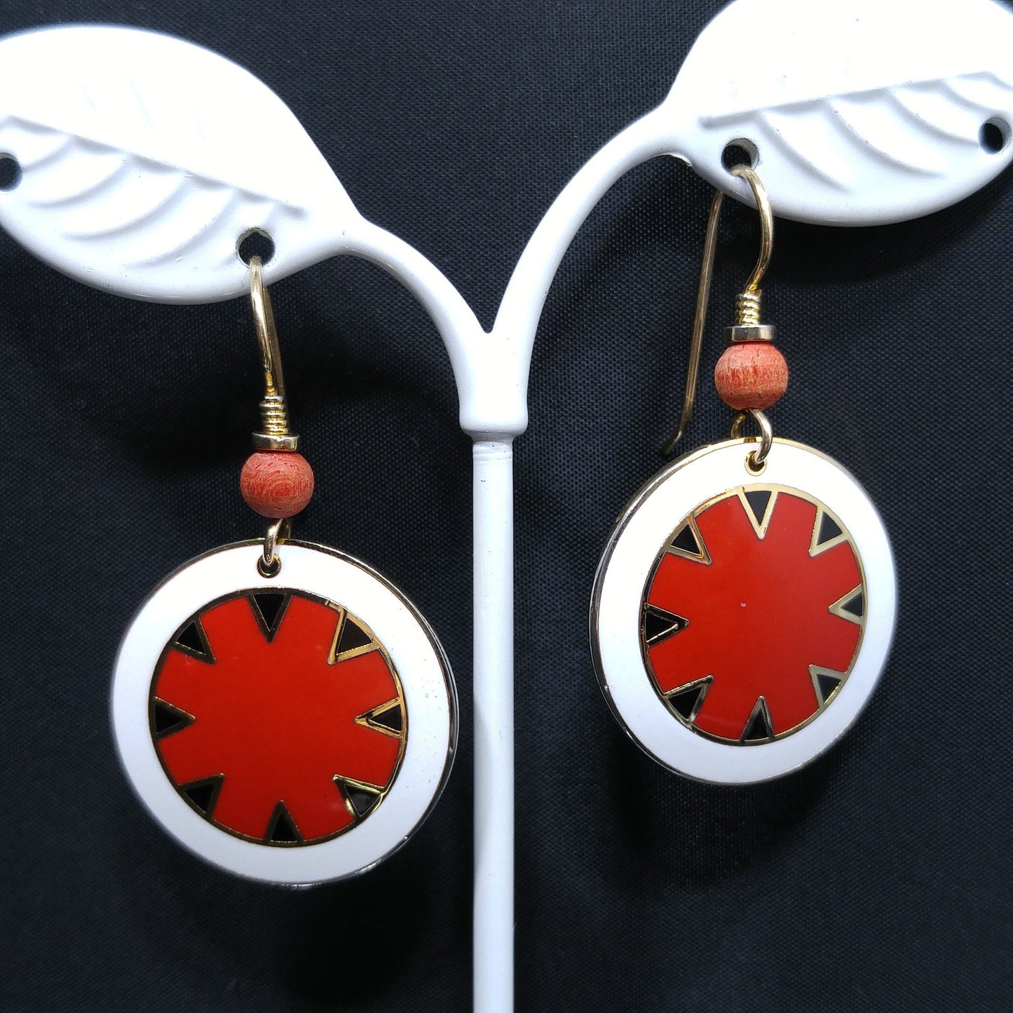 Vintage Laurel Burch "Myth" Earrings, Gold Plated Cloisonne, Red White Black