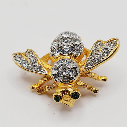 Vintage 1990s Joan Rivers Bee Brooch – Clear Pave Rhinestones, Green Eyes – 1 1/4 Inch Collectible Pin
