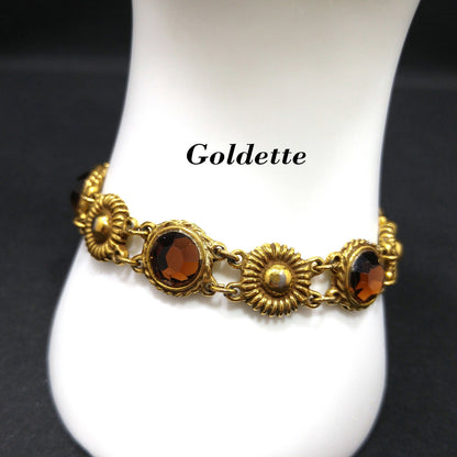 Goldette Light Topaz Rhinestone Link Bracelet, Lucite Rhinestones, 1960s Vintage Jewelry