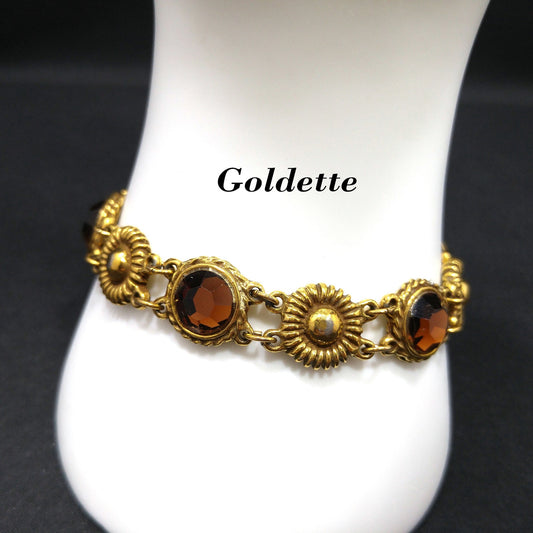 Goldette Light Topaz Rhinestone Link Bracelet, Lucite Rhinestones, 1960s Vintage Jewelry