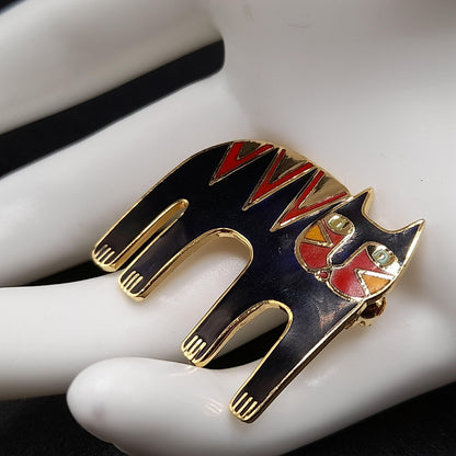 Laurel Burch Magicat Brooch, Black Red Enamel Cloisonne, Gold Plated, 1980s Vintage Jewelry