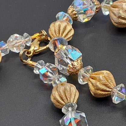 Vintage Crystal Necklace Earrings Set, 1960s, Gold Plated Beads, AB Crystal Beads, 28"
