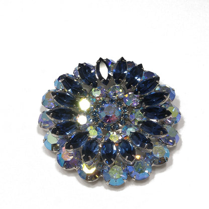 Mid Century Blue Aurora Borealis Brooch, Rhodium Plated, 1960s Vintage Jewelry