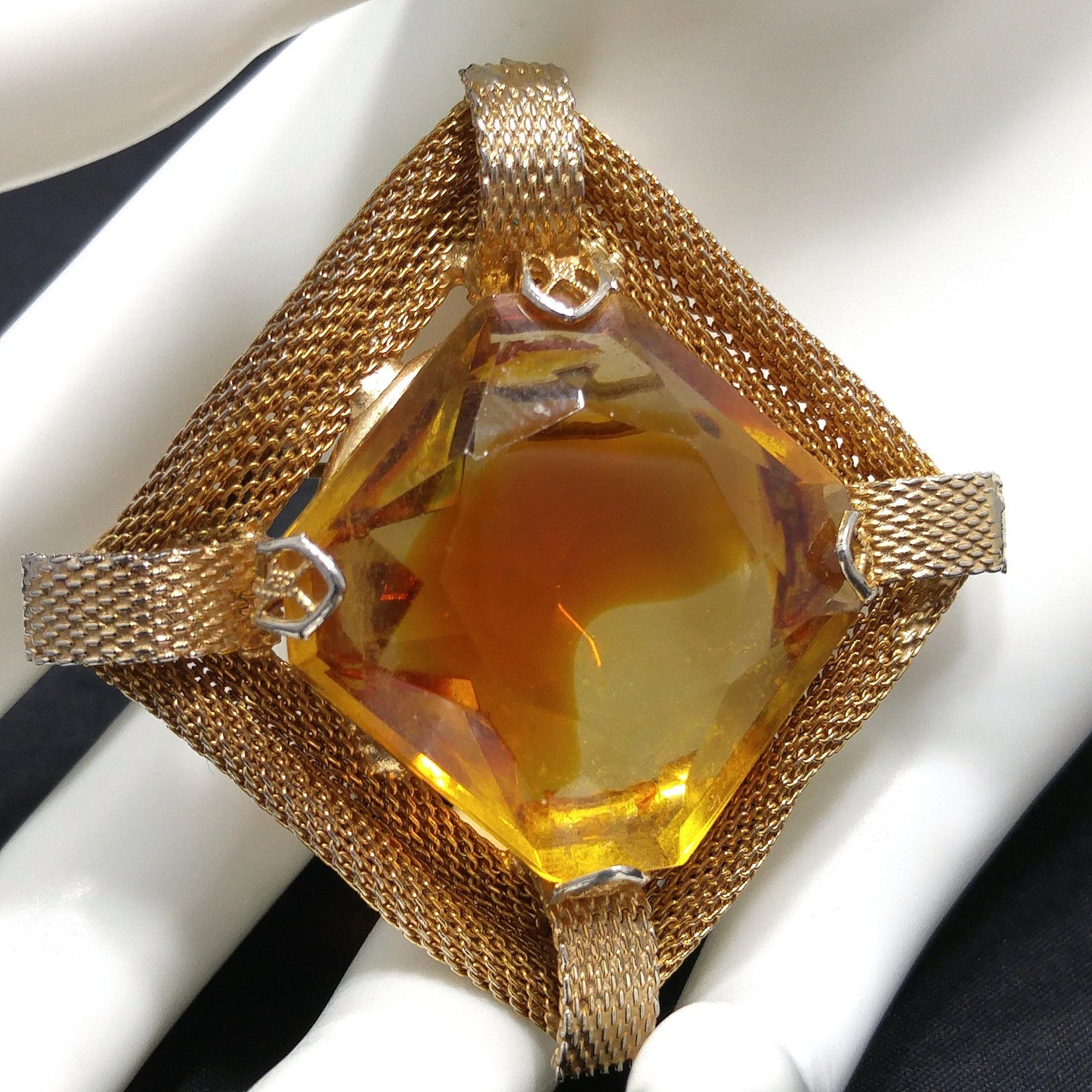 Light Topaz Glass Large Stone Brooch, Gold Plated Mesh Frame, 1960s Vintage Jewelry