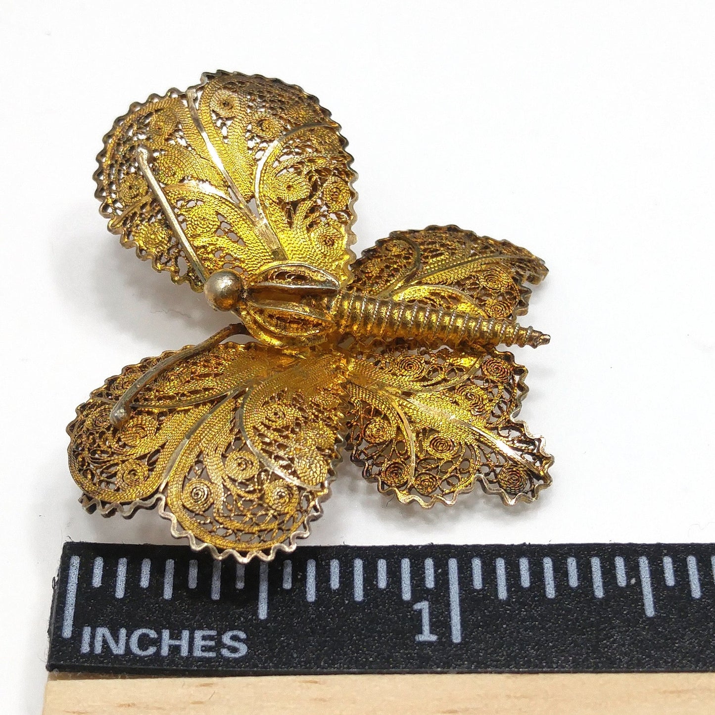Vintage Topazio Portugal 925 Vermeil Filigree Butterfly Brooch 1940s