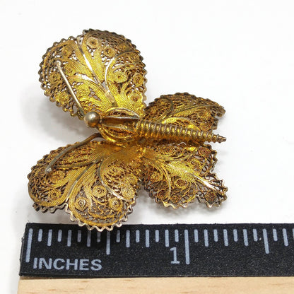Vintage Topazio Portugal 925 Vermeil Filigree Butterfly Brooch 1940s