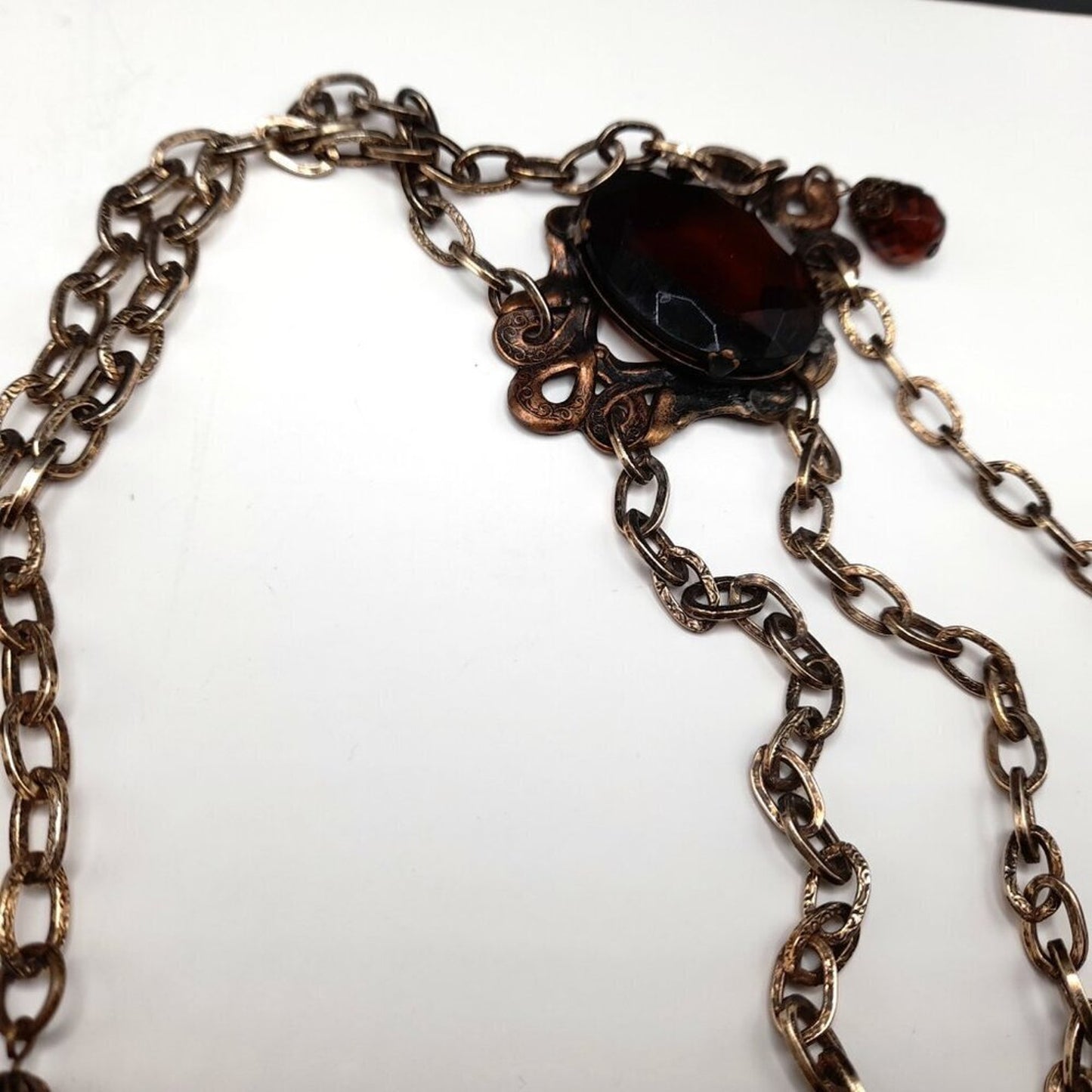 Vintage Hong Kong Boho Chain Belt Brown Glass Stones 32" Filigree 1960s