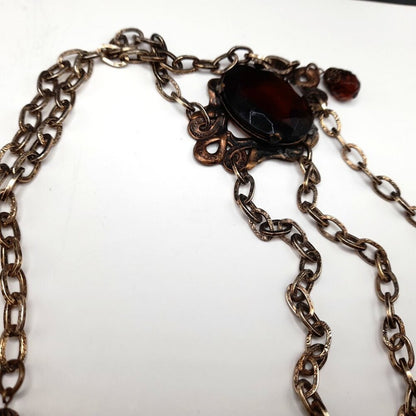 Vintage Hong Kong Boho Chain Belt Brown Glass Stones 32" Filigree 1960s