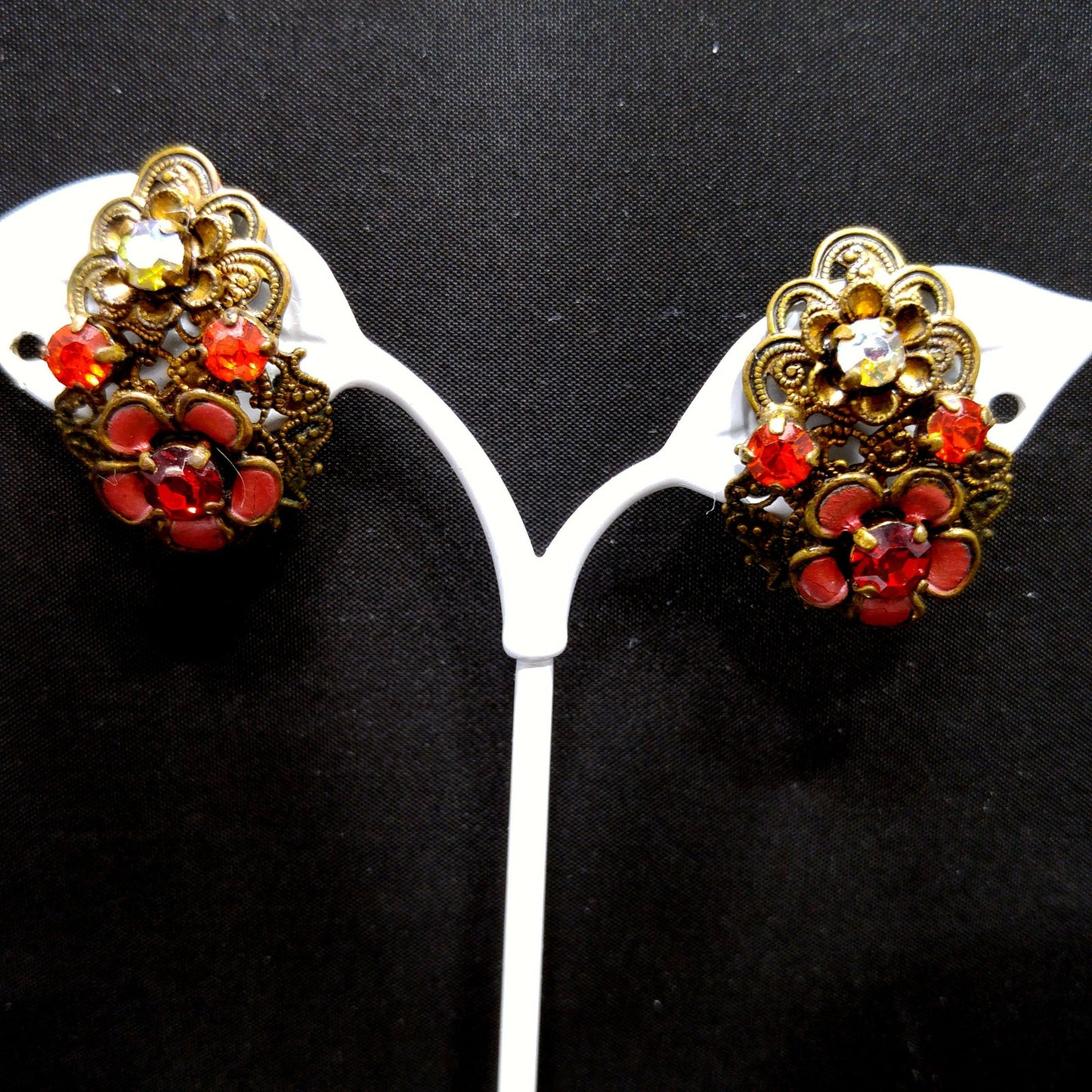 Germany Red Orange Filigree Clip Earrings, Enamel Flowers, 1940s Vintage Jewelry