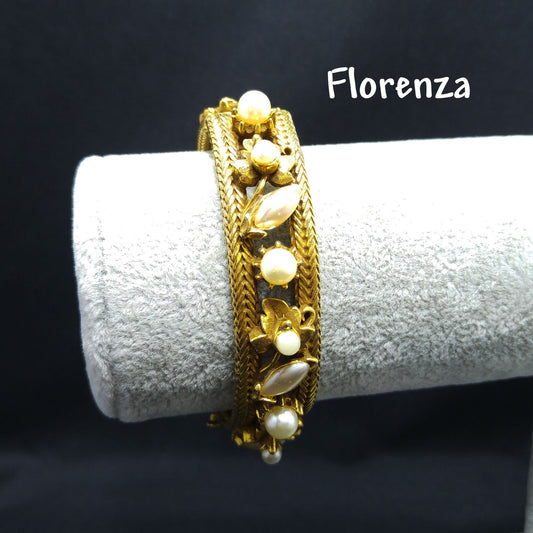 Florenza Faux Pearl Hinged Bracelet, Gold Tone, 1950s Vintage Jewelry