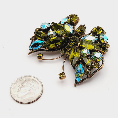 Regency Jewels Butterfly Green Austrian Crystal Rhinestone Brooch, 1940s