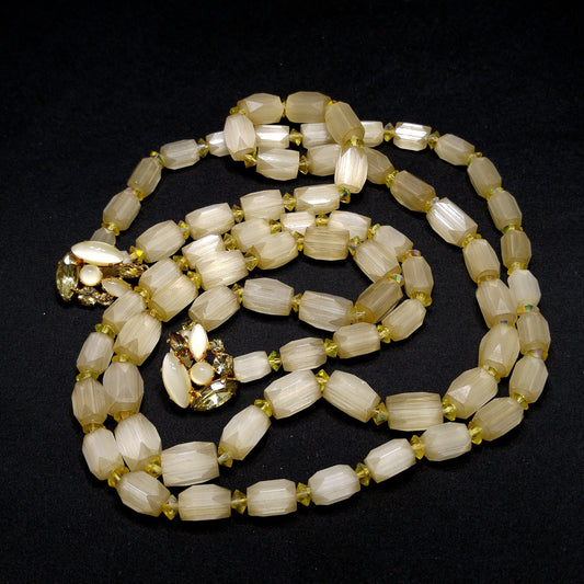 Czech Art Glass Hand Cut Satin Bead Necklace, Yellow Fire Polished Crystals