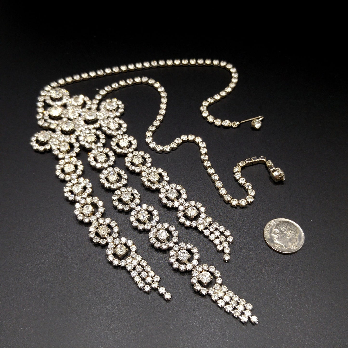 Mid-century Bridal Rhinestone Necklace, Clear Rhinestones, Rhodium Plated, 1950s Vintage Jewelry