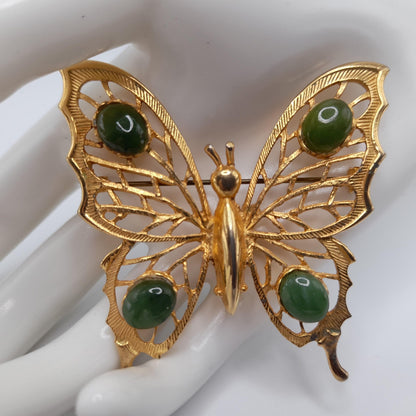 Vintage Hobe’ Gold Butterfly Brooch with Green Gemstones – 1960s Jewelry