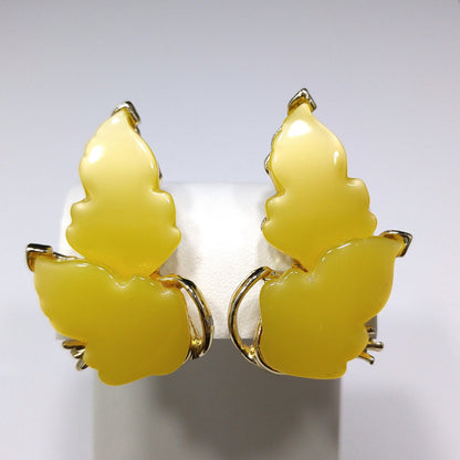 Yellow Thermoset Leaves Bracelet & Earrings, Gold Plated, Ear Climbers, 1960s Vintage Jewelry