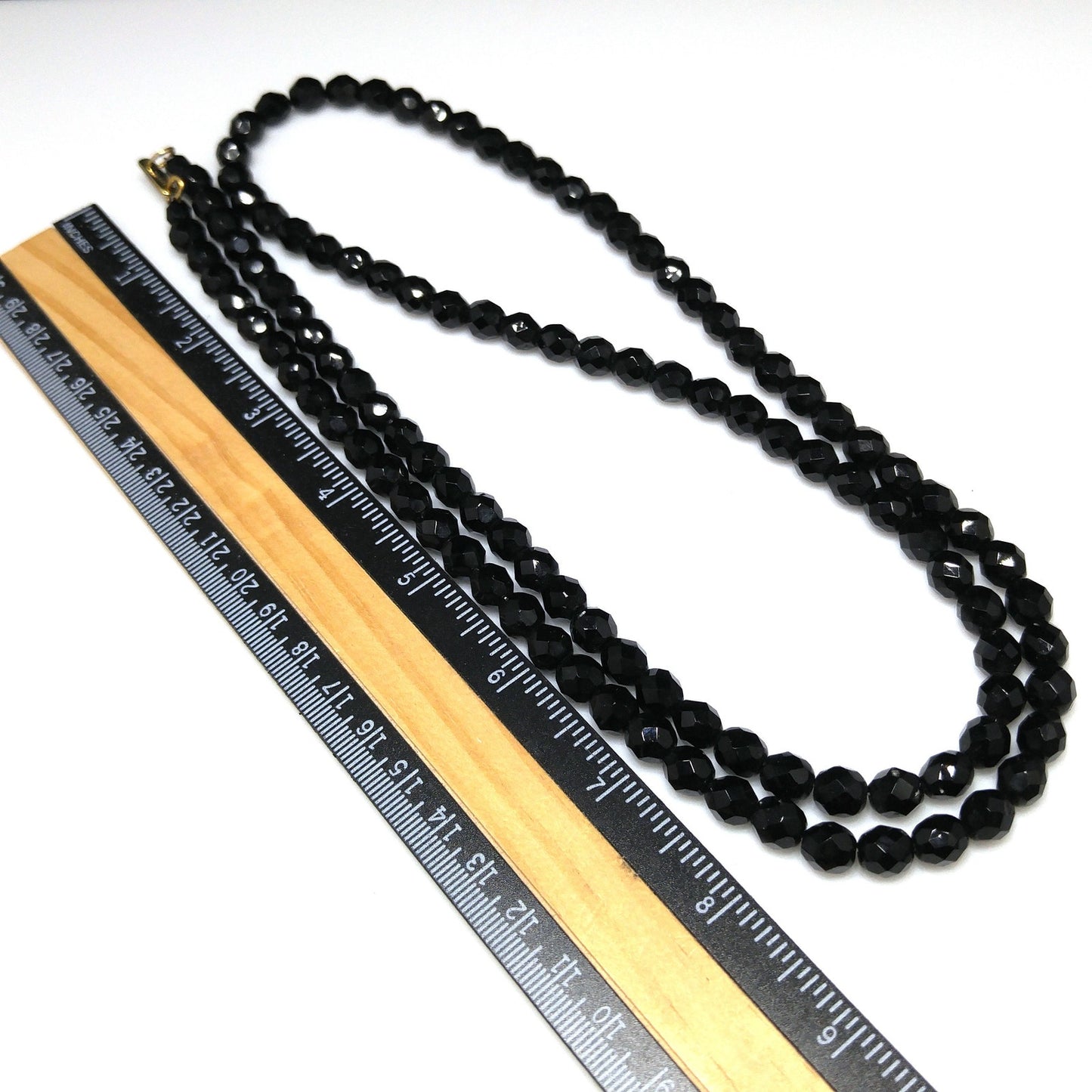 Hobe' Long Black Glass Faceted Bead Necklace, 36 Inches, 1950s Vintage Jewelry