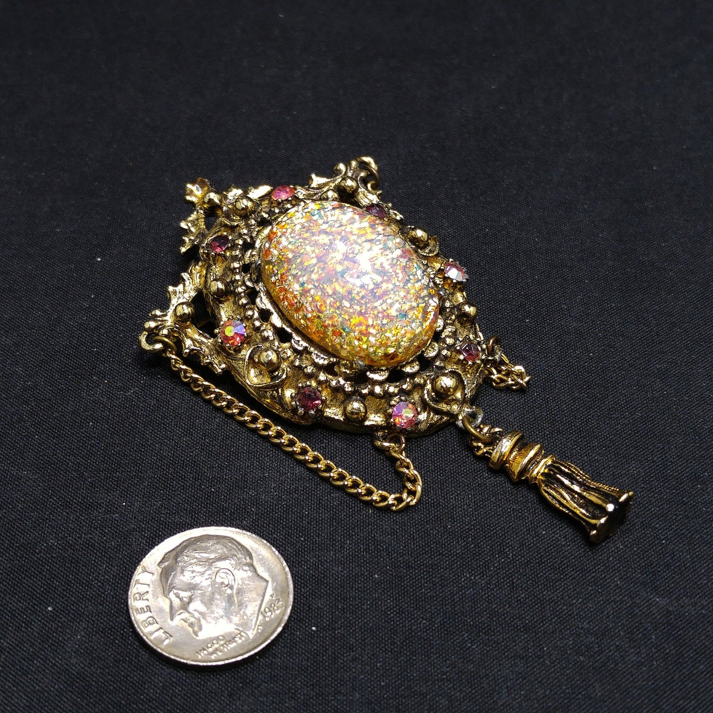 Vintage 1950s Hollywood Faux Opal Glitter Glass Brooch Tassel