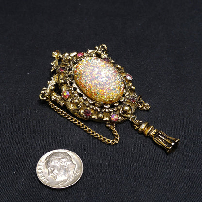 Vintage 1950s Hollywood Faux Opal Glitter Glass Brooch Tassel