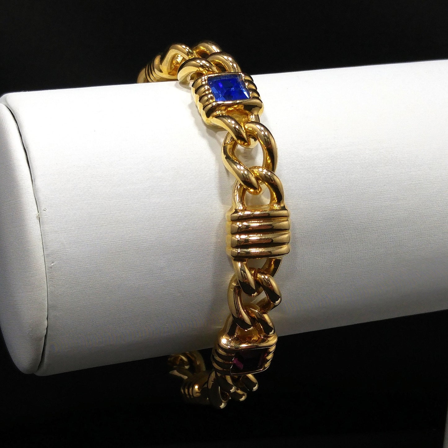 Vintage Swarovski Gold Plated Bracelet – Swan Logo, Red Blue Purple Crystals – 1980s