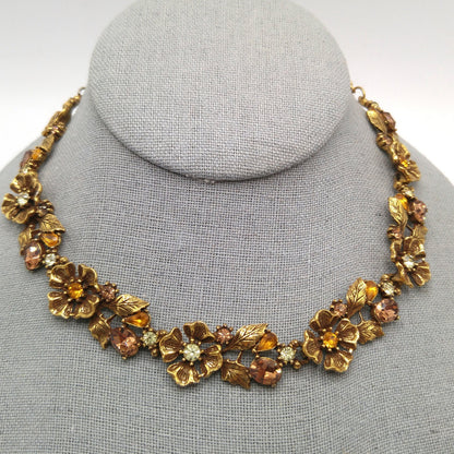 Topaz Rhinestone Floral Choker Necklace, Flower Links, 1960s Vintage Jewelry