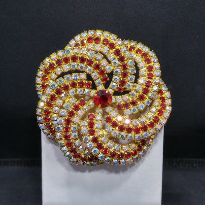 Vintage Pinwheel Rhinestones Brooch, AB Clear Red Rhinestones, Gold Plated, 1960s