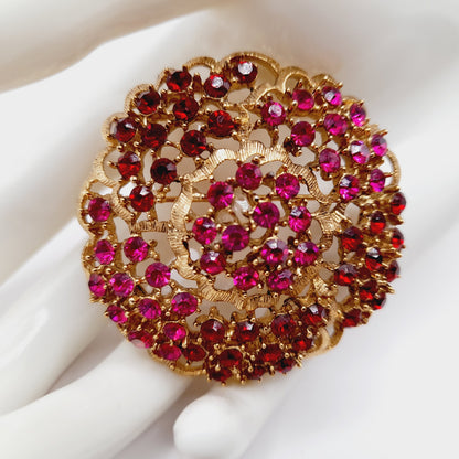 Vintage WEISS Red & Pink Rhinestone Gold Tone Flower Brooch 2 Inch