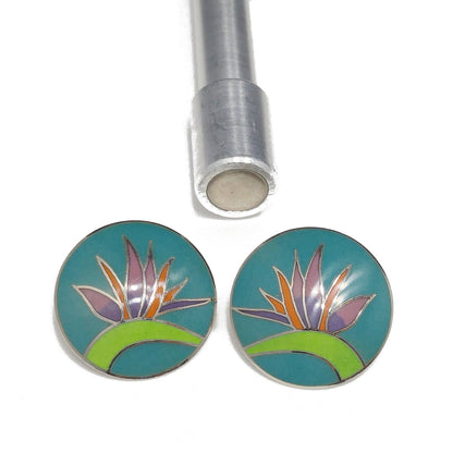 Vintage Laurel Burch Bird of Paradise Post Earrings, Silver Tone Cloisonné