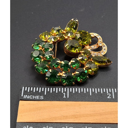 Vintage Weiss Green Rhinestone Brooch, Gold Plated, 1960s, 2"