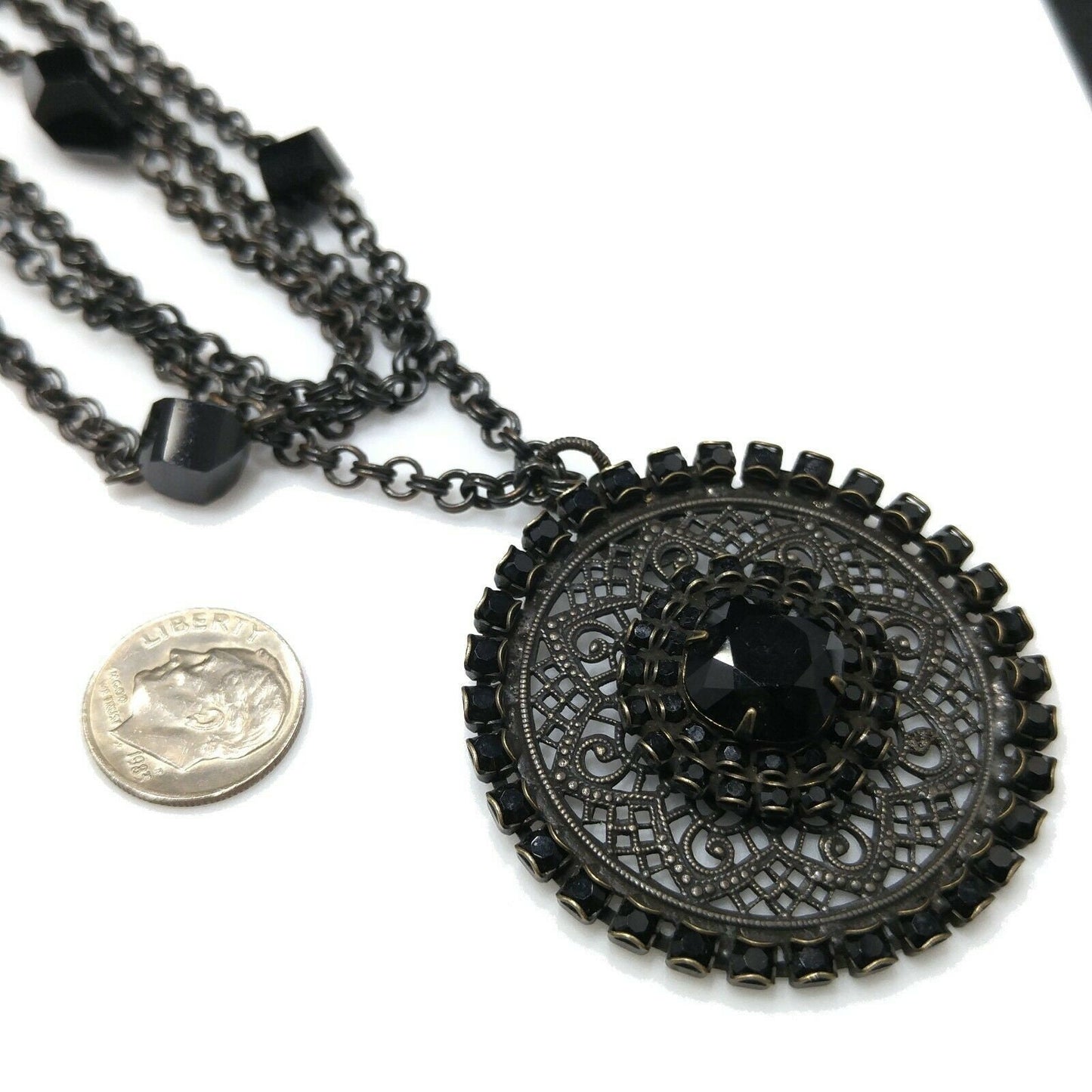 Liz Palacios Black Rhinestone Pendant Necklace, Multi-Strand, Vintage Jewelry