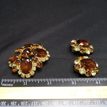 Topaz Rhinestone Brooch & Clip Earrings Set, Gold Plated, 1960s Vintage Jewelry