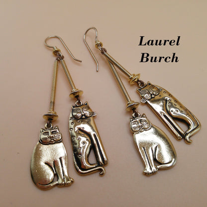 Laurel Burch Two Cats Dangle Earrings, Mystic Cat, Siamese Cat, 1980s Vintage Jewelry