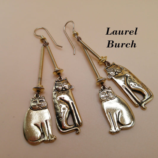 Laurel Burch Two Cats Dangle Earrings, Mystic Cat, Siamese Cat, 1980s Vintage Jewelry