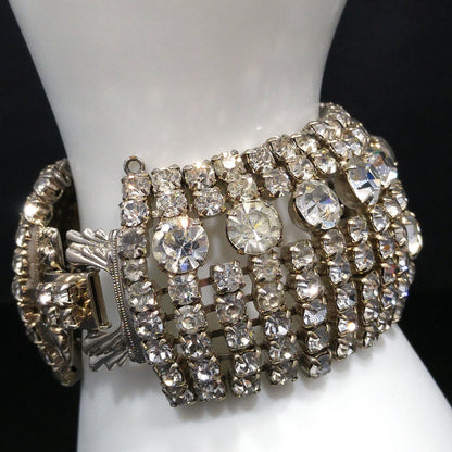Mid Century Clear Rhinestone Wide Bracelet, 22K Gold Plate, 1950s Vintage Jewelry