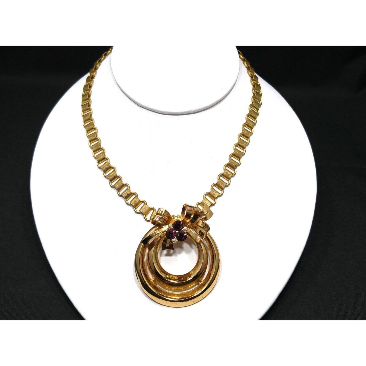 Coro 1948 Adolph Katz Bow Pendant Necklace, Gold Plate, Purple Rhinestones