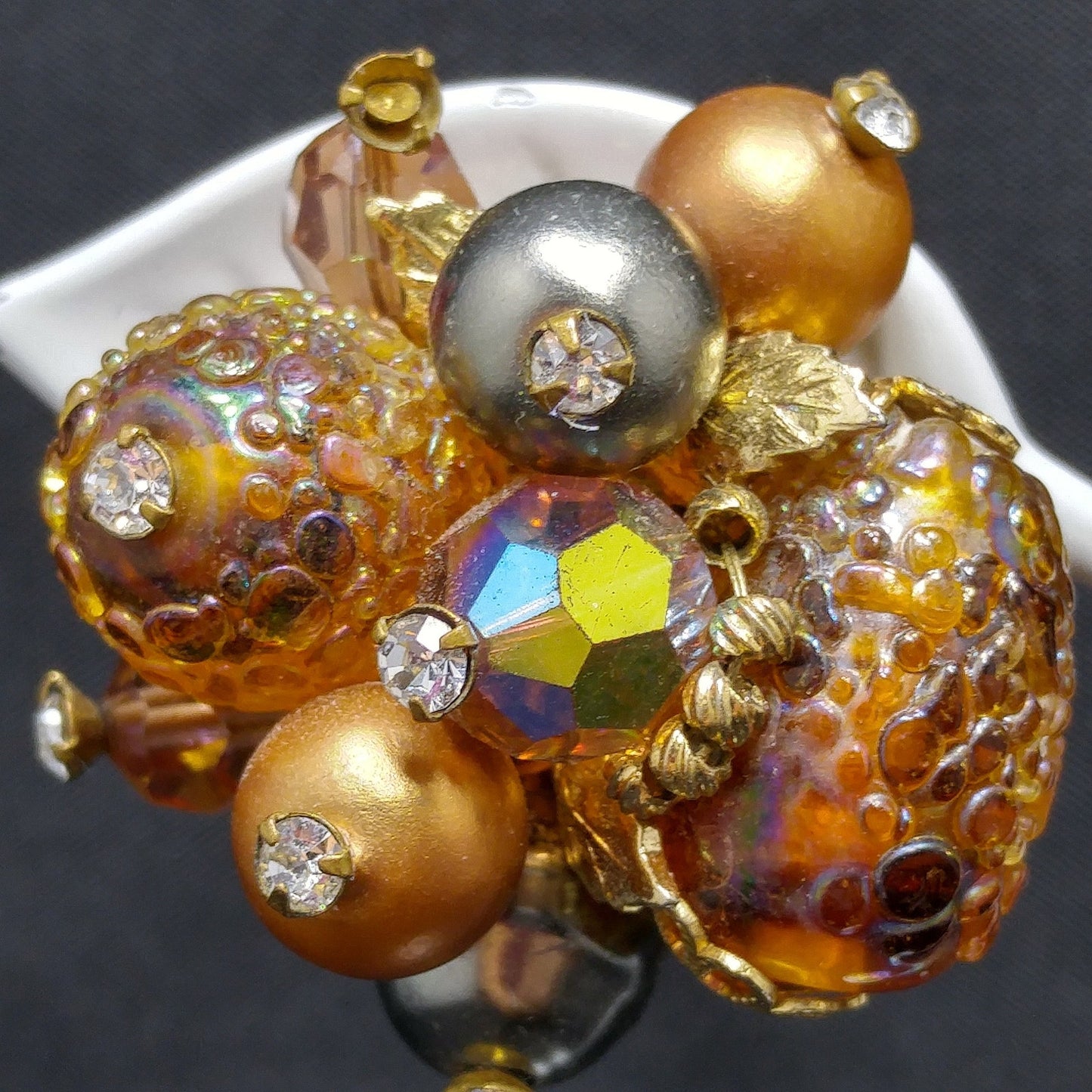 Vendome Topaz Beaded Earrings, Art Glass, Aurora Borealis, 1960s Vintage Jewelry