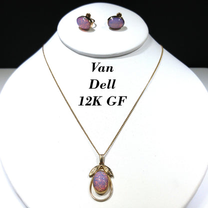Van Dell Faux Opal Necklace Screw Back Earrings Set, 12K Gold Filled, 1950s Vintage Jewelry