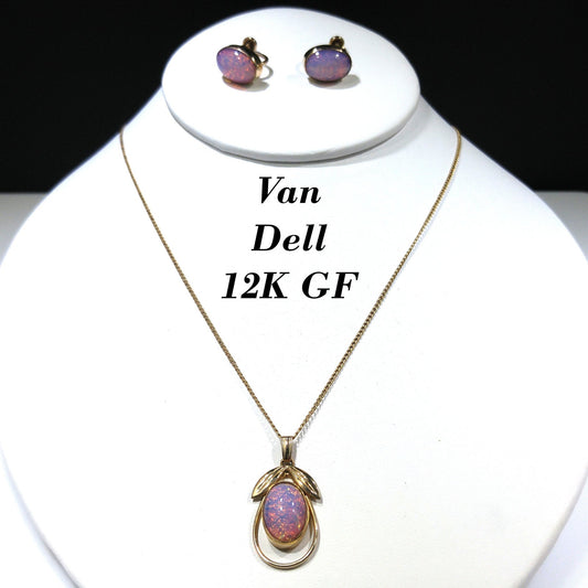 Van Dell Faux Opal Necklace Screw Back Earrings Set, 12K Gold Filled, 1950s Vintage Jewelry