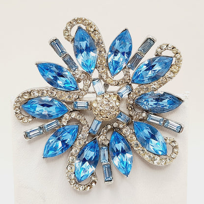 Vintage Rhodium Plated Blue Clear Rhinestone Floral Brooch – 2 1/4 Inches