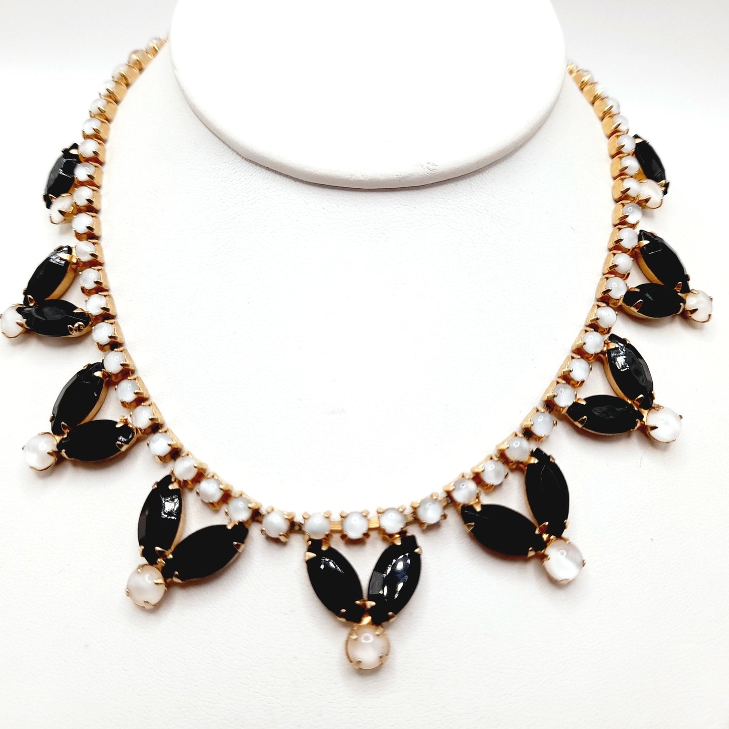 Vintage Black Rhinestones Milky White Cabs Gold Plated Choker Necklace, 1960s