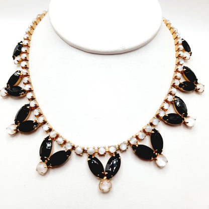 Vintage Black Rhinestones Milky White Cabs Gold Plated Choker Necklace, 1960s