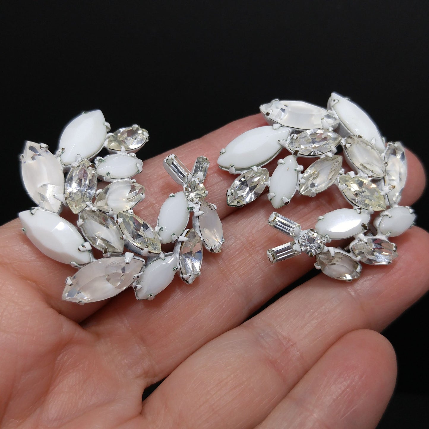 Regency Jewels White Enamel Brooch & Earrings Set, Milk Glass Clear Rhinestones