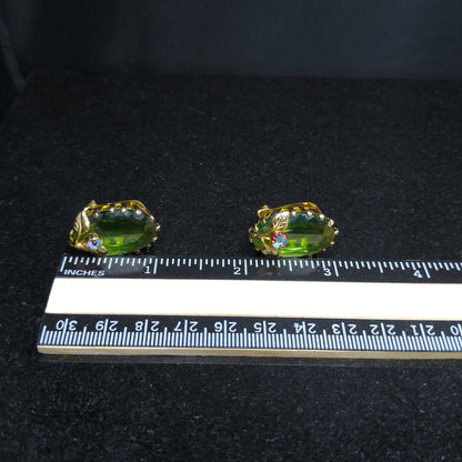 Kramer Austria Green Clip Earrings, Gold Plated, 1950s Vintage Jewelry