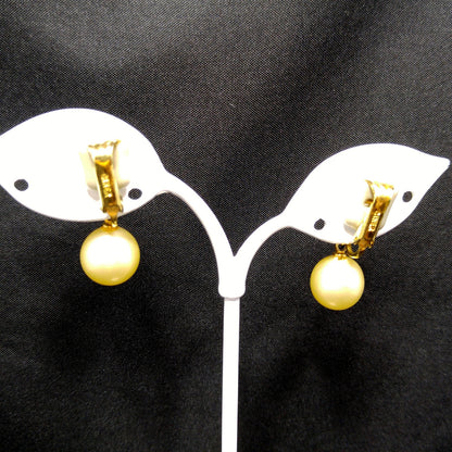 Ciner Faux Pearl Dangle Clip Earrings, Clear Rhinestones, Gold Plated, 1970s Vintage