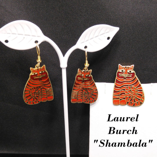 Laurel Burch "Shambala" Red Cat Brooch & Earrings, Gold Plated Cloisonné Enamel, 1980s Vintage Jewelry