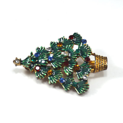 Eisenberg Ice Christmas Tree Brooch, Enamel Leaves, Rhinestones, 1970s Vintage